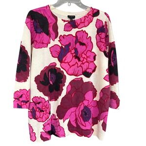 Talbots Cream Floral Print 3/4 Sleeve Cashmere Sweater 1X Quiet Luxury Artsy